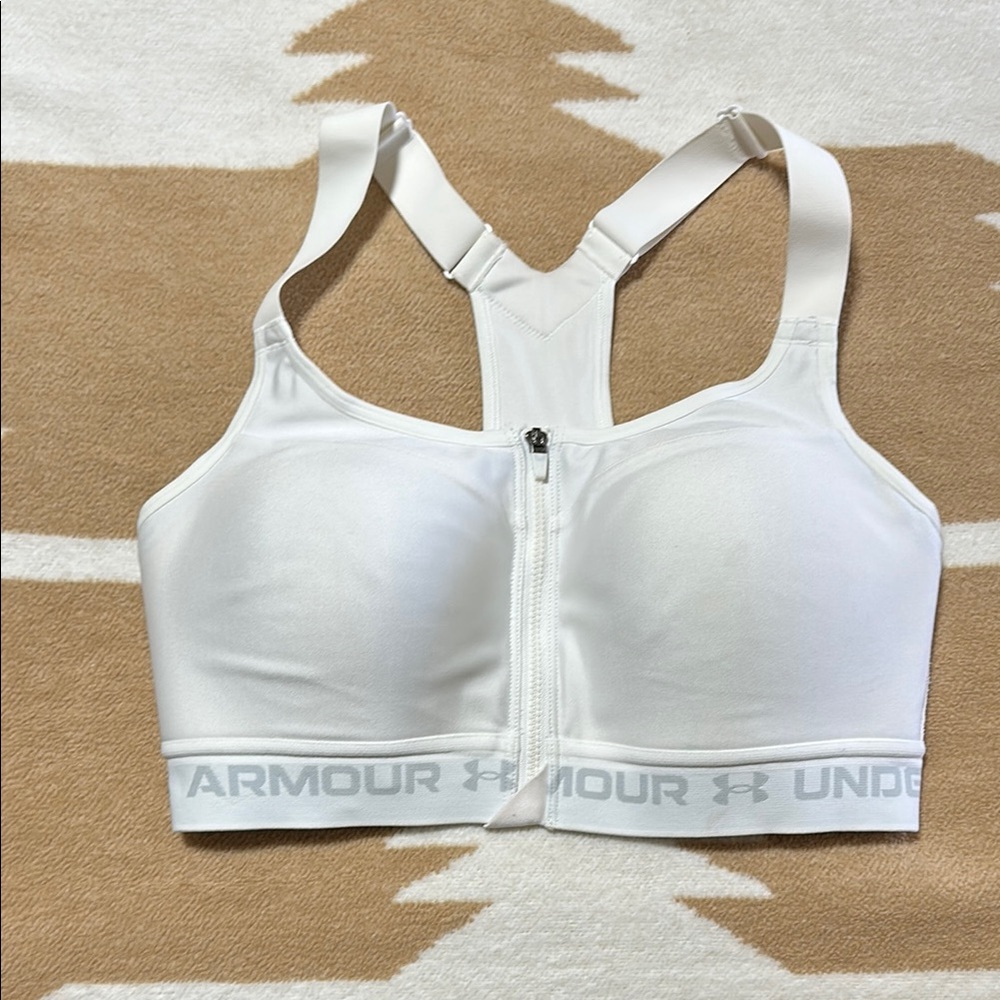 Under Armour White Sports Bra with Racerback Design and Zipper Closure